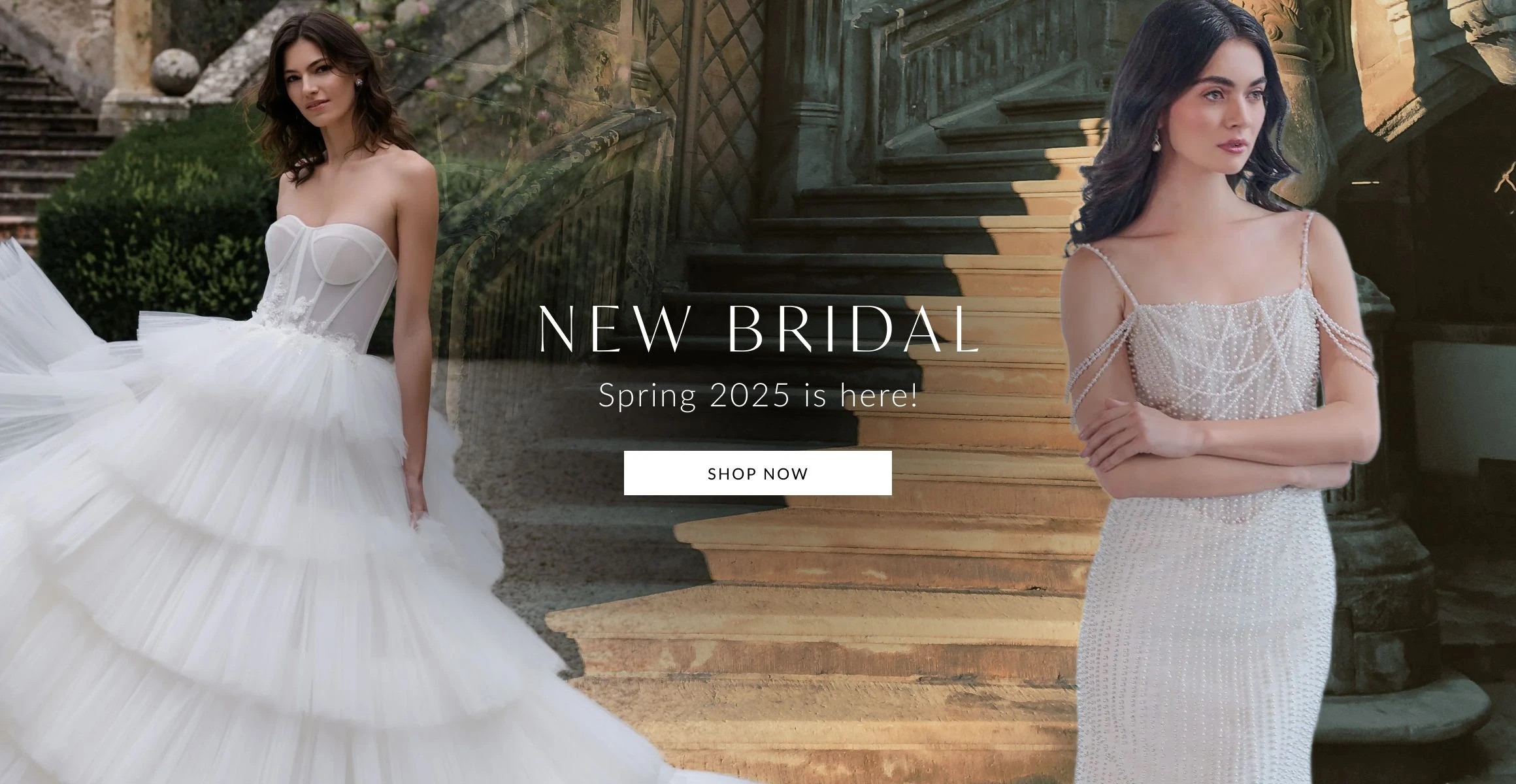 2 models wearing Abella E500 and Christina Wu Brides 15912 gowns, desktop banner