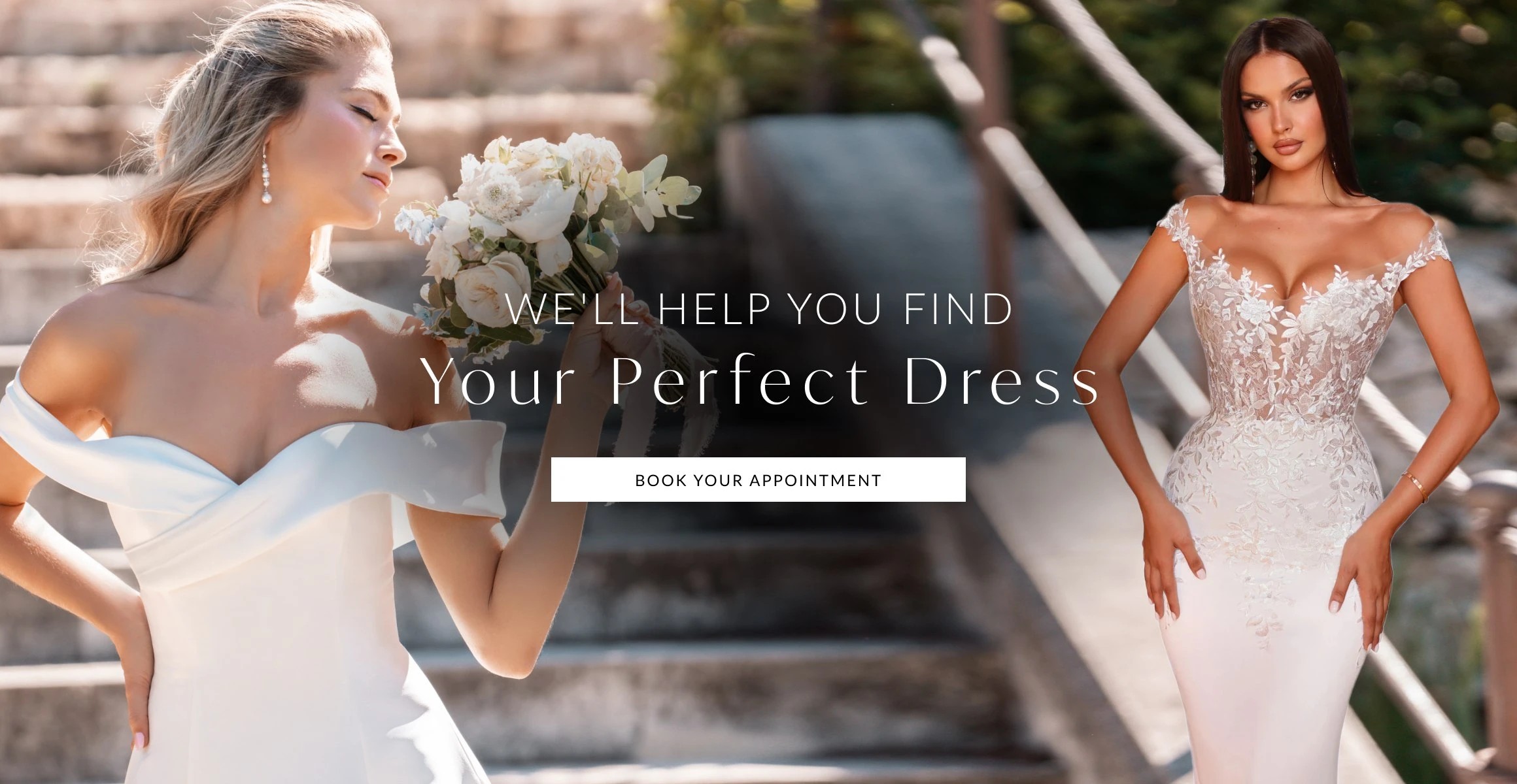 2 models wearing Alyce Paris 7026 and Allure Bridals 1303 gowns, desktop banner