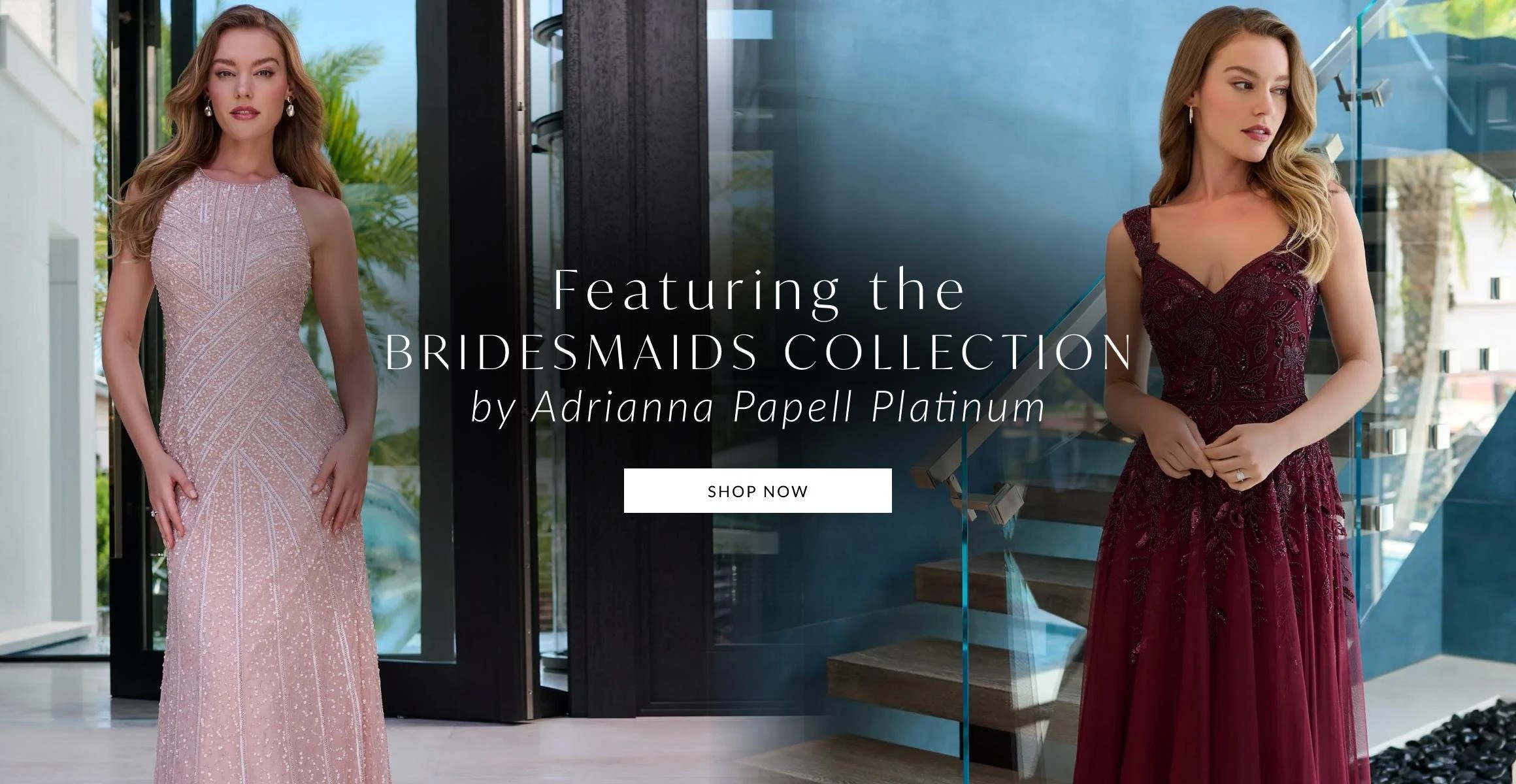 2 Models wearing Adrianna Papell Platinum 40466 and 40475 bridesmaids gowns, desktop banner