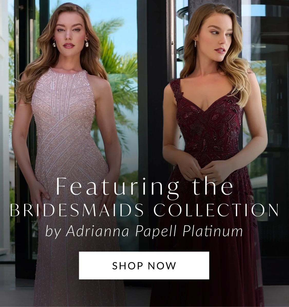2 Models wearing Adrianna Papell Platinum 40466 and 40475 bridesmaids gowns, mobile banner
